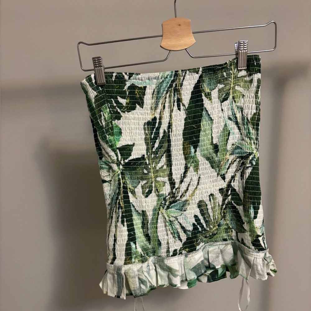 Green Leaf Print Smocked Strapless Shirt